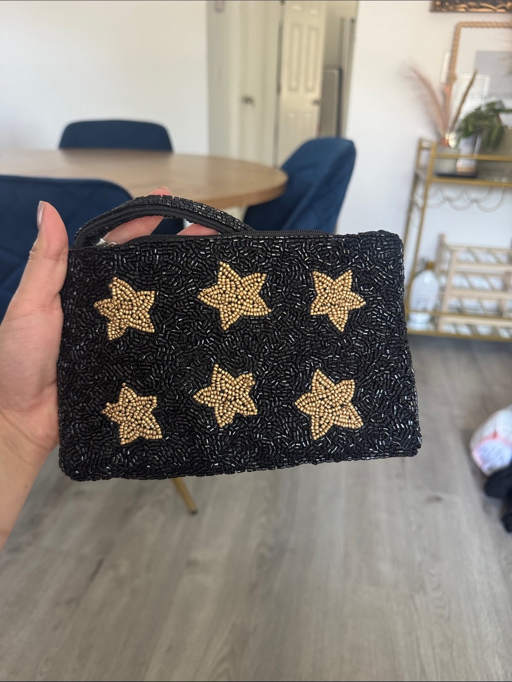 Black Beaded Star Wristlet - Gold Star Accents